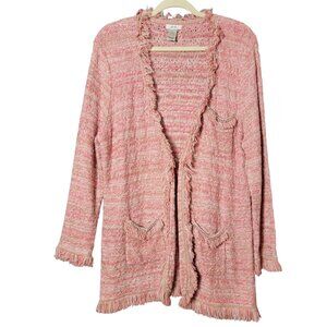 Cache Womens Pink Tweed Business Work Office Coquette Fringe Cardigan Jacket XL